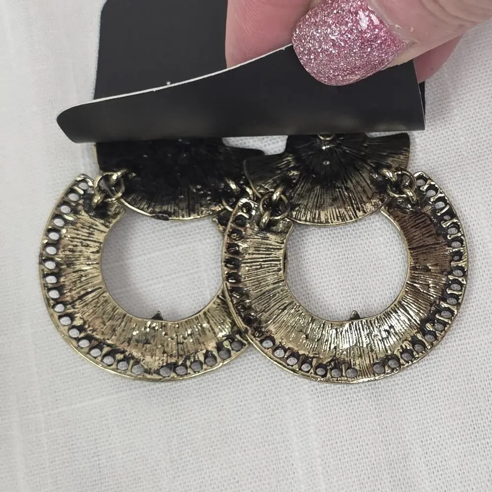 Paparazzi Antique Gold Tone Tribal Boho Hoop Dangle Earrings Geometric Statement